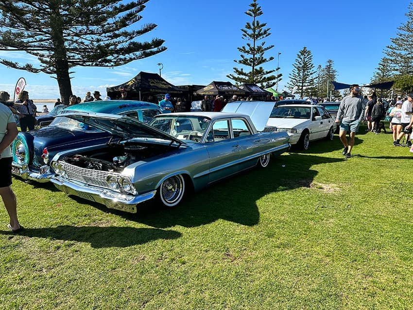 Classic lowrider with hydraulic suspension at Lowrider Sunday 2023 Central Coast