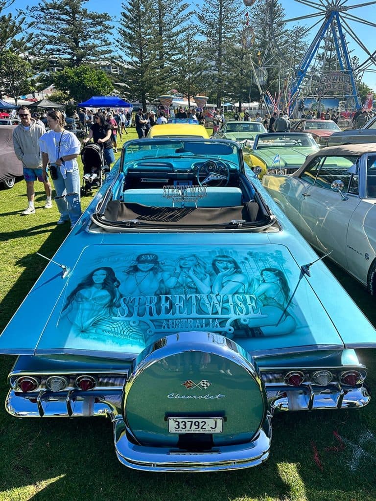 Detailed engine bay with chrome at Memorial Park The Entrance