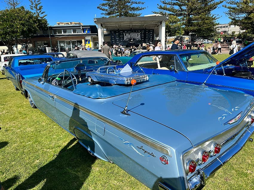 Vintage lowrider with hand-engraved chrome at Lowrider Sunday 2023